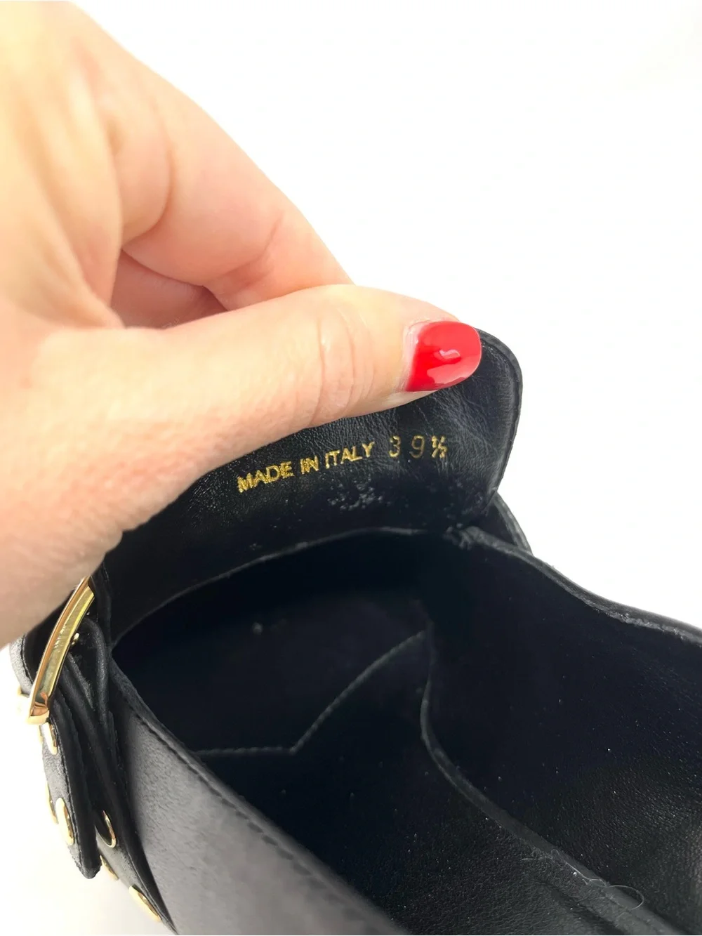 Prada Logo Black Leather Gold Studded Buckle Loafers Heels Shoes Chunky 39.5 9.5